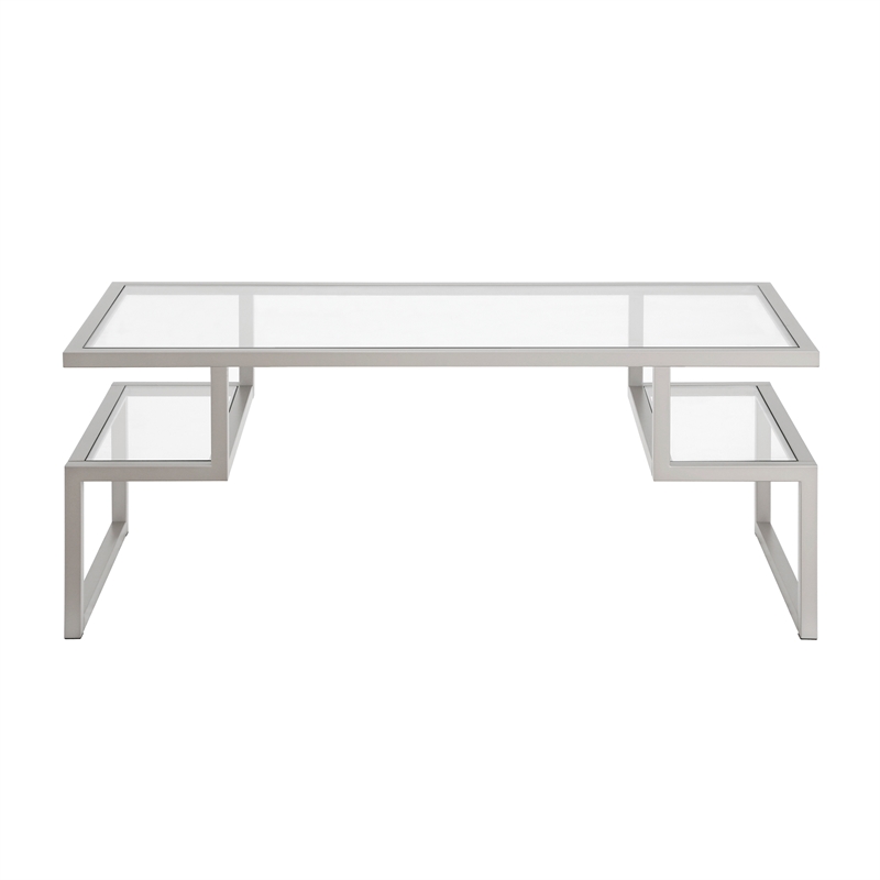 Pemberly Row Metal Satin Nickel and Gray Coffee Table with Glass Top