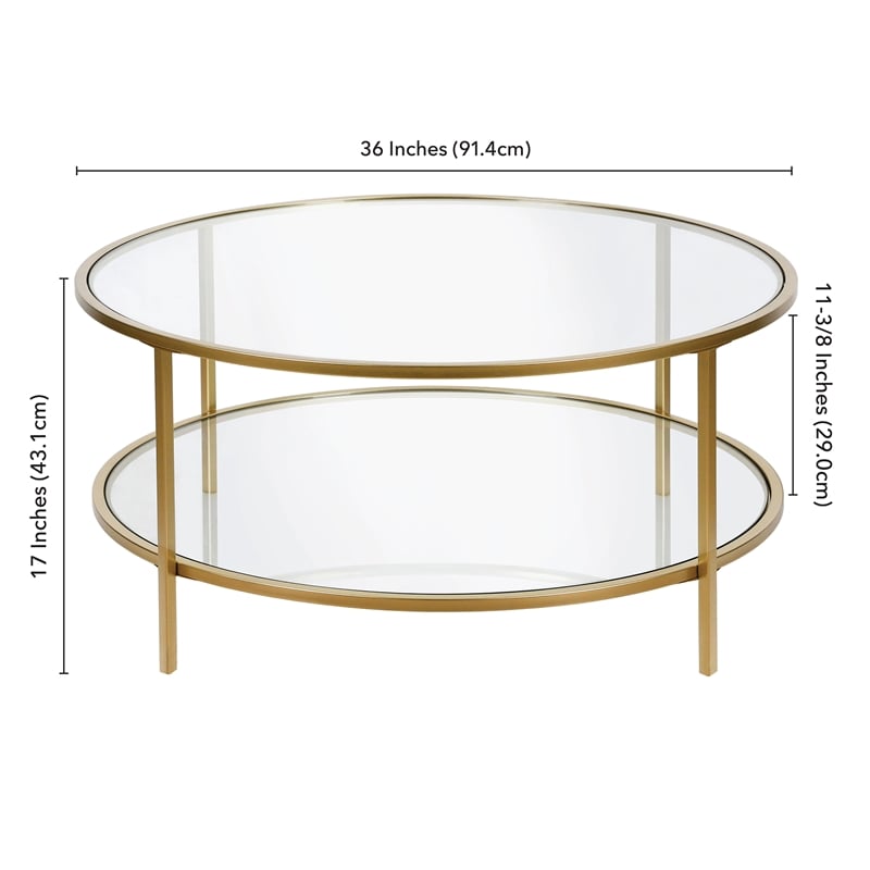 Pemberly Row Round Metal Base Coffee Table in Brass with Glass Top