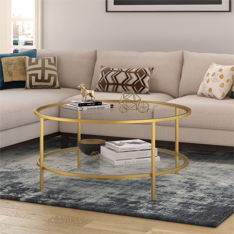 Pemberly Row Round Metal Base Coffee Table in Brass with Glass Top