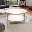Pemberly Row Round Metal Base Coffee Table in Brass with Glass Top