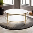 Pemberly Row Round Metal Base Coffee Table in Brass with Glass Top