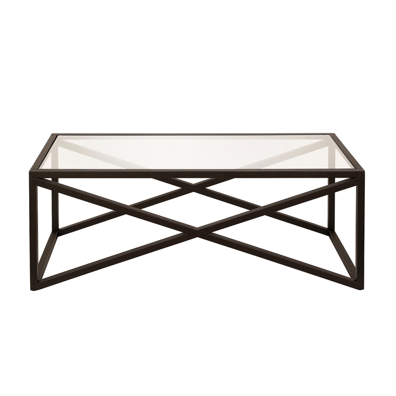 Pemberly Row Black and Bronze Rectangular Coffee Table with Glass Top