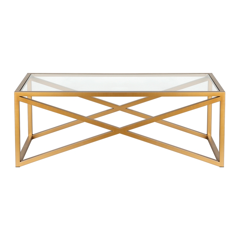 Pemberly Row Brass and Gold Rectangular Coffee Table with Glass Top