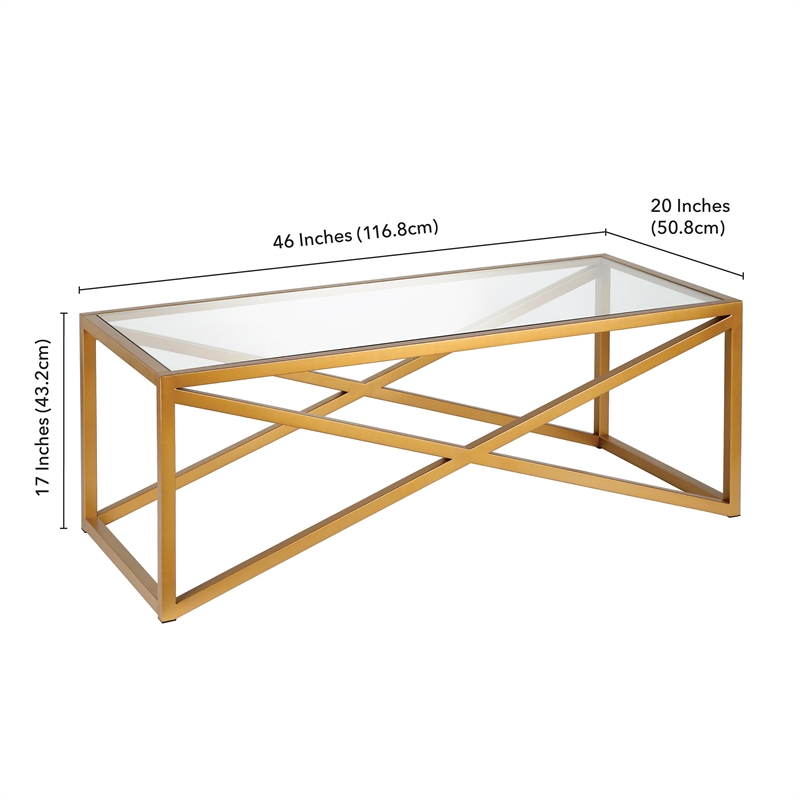 Pemberly Row Brass and Gold Rectangular Coffee Table with Glass Top