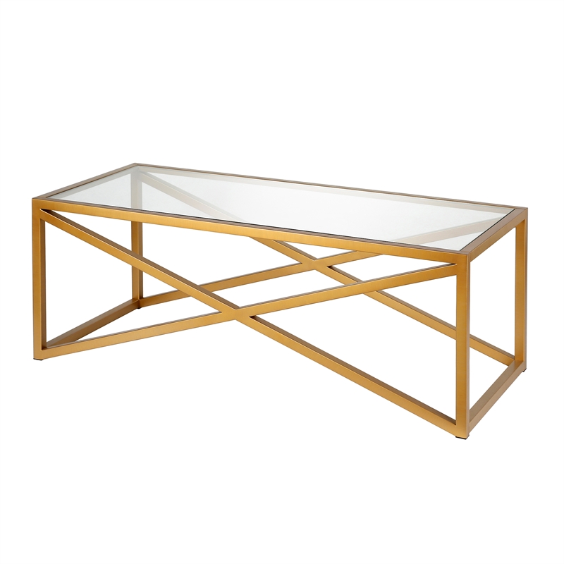 Pemberly Row Brass and Gold Rectangular Coffee Table with Glass Top