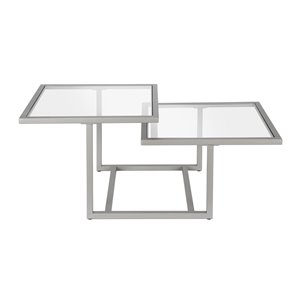 Pemberly Row Metal Two Tier Satin Nickel and Gray Glass Top  Coffee Table
