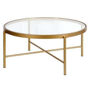 Pemberly Row Metal 36&quot Round Glass Top Coffee Table in Brass