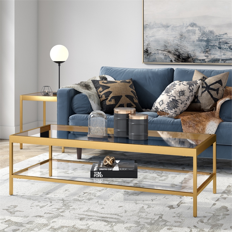Pemberley Row Steel Brass Coffee Table Rectangular Tempered Glass 54
