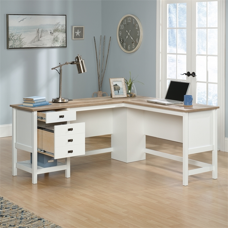 Pemberly Row Contemporary Engineered Wood L-Shaped Home Office Desk in White
