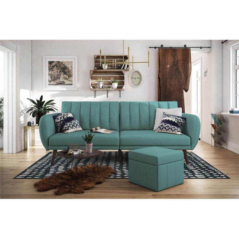 Pemberly Row Upholstered Linen Futon in Light Blue