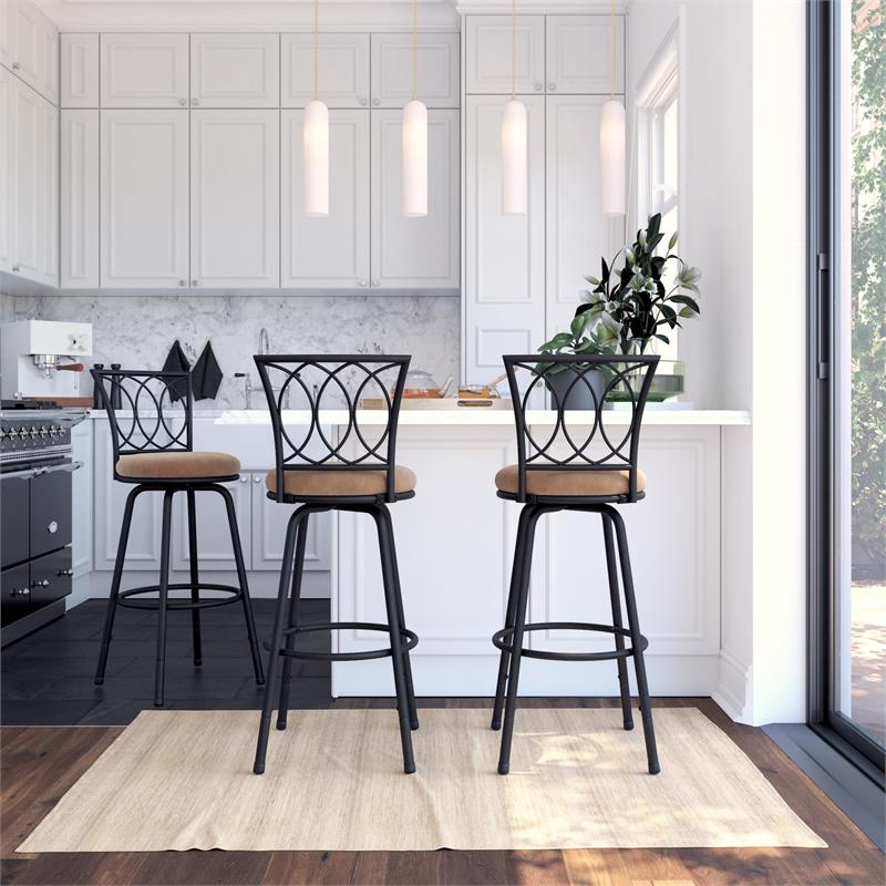 Pemberly Row 24'' Transitional Metal Swivel Barstool in Black/Tan (Set of 3)