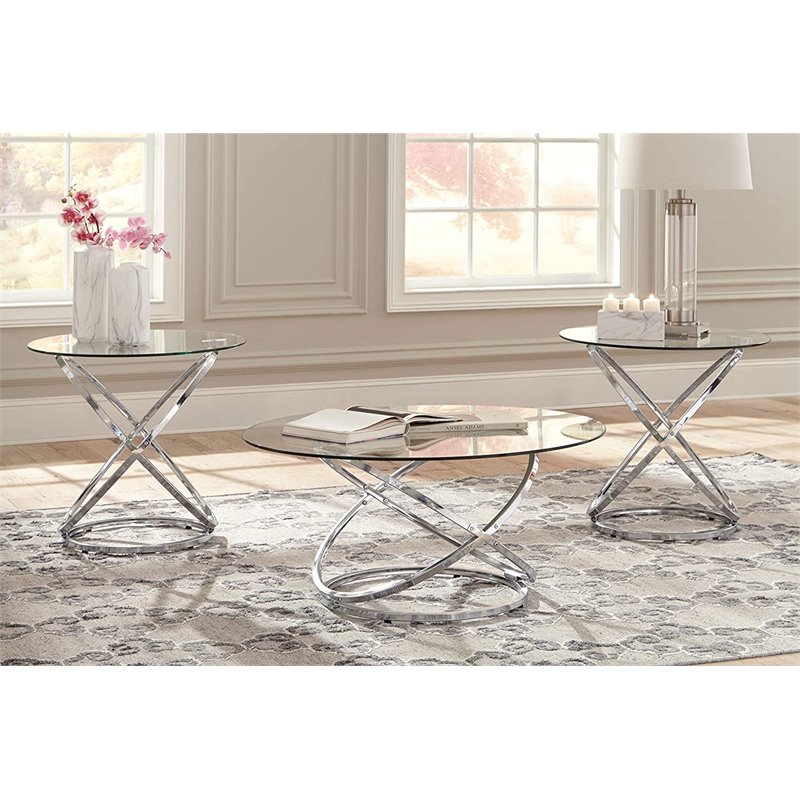 Pemberley Row Clear Tempered Glass Chrome Coffee Table Set Round Adjustable 38