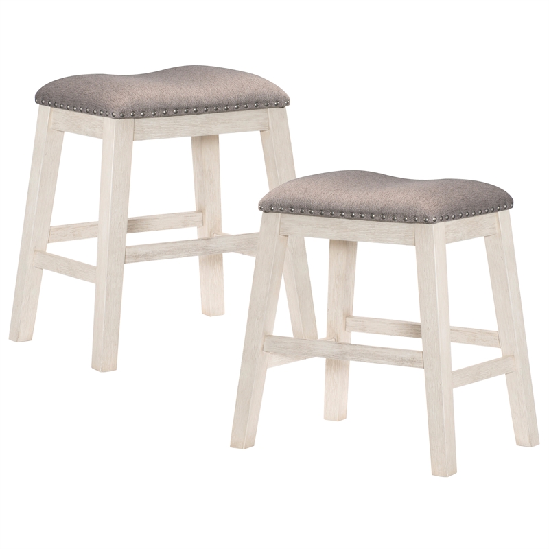Pemberley Row Wood Antique White Counter Height Stools Nailhead Trim Fabric Upholstery 24
