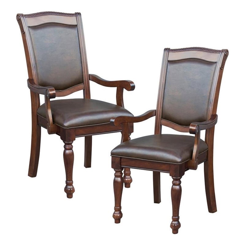 Pemberley Row Wood Brown Dining Arm Chair Faux Leather Upholstered Rectangular 40.5