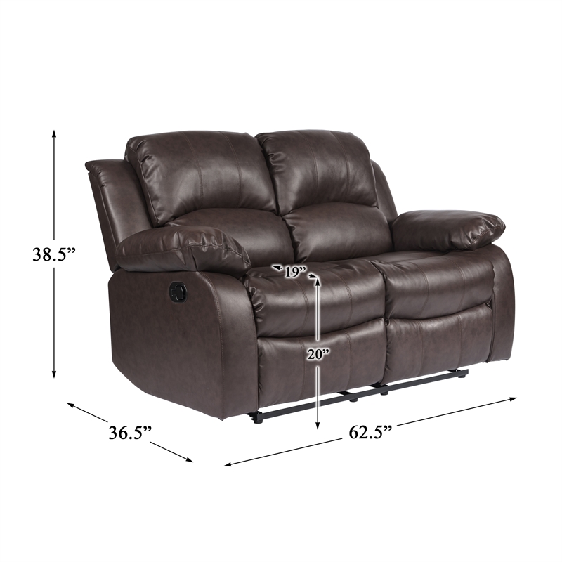Pemberly Row Traditional Faux Leather Double Reclining Loveseat in Brown