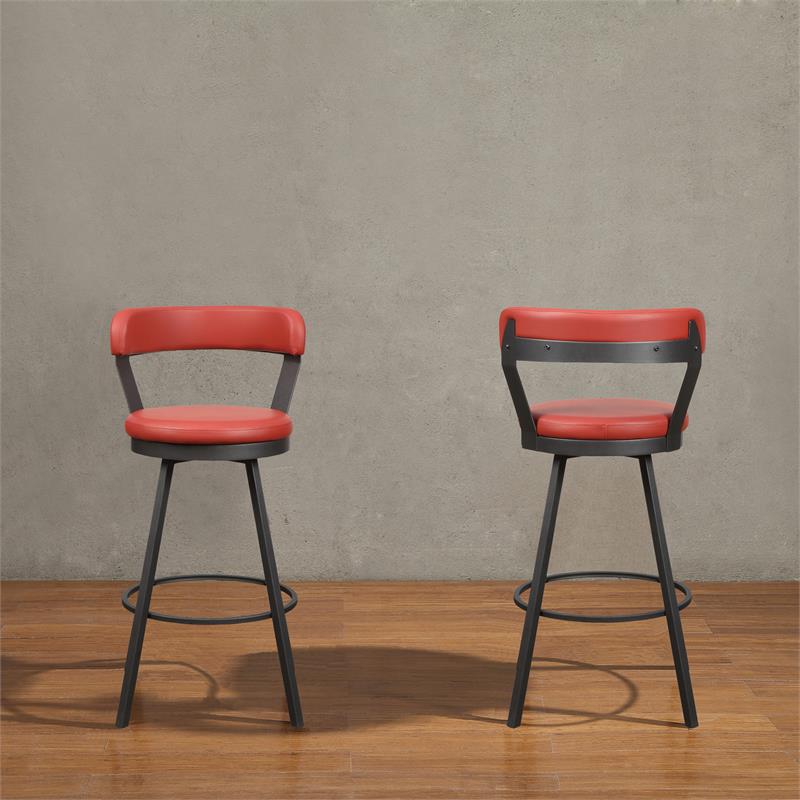 Pemberly Row Metal Swivel Pub Height Chair in Mottled Silver/Red (Set of 2)