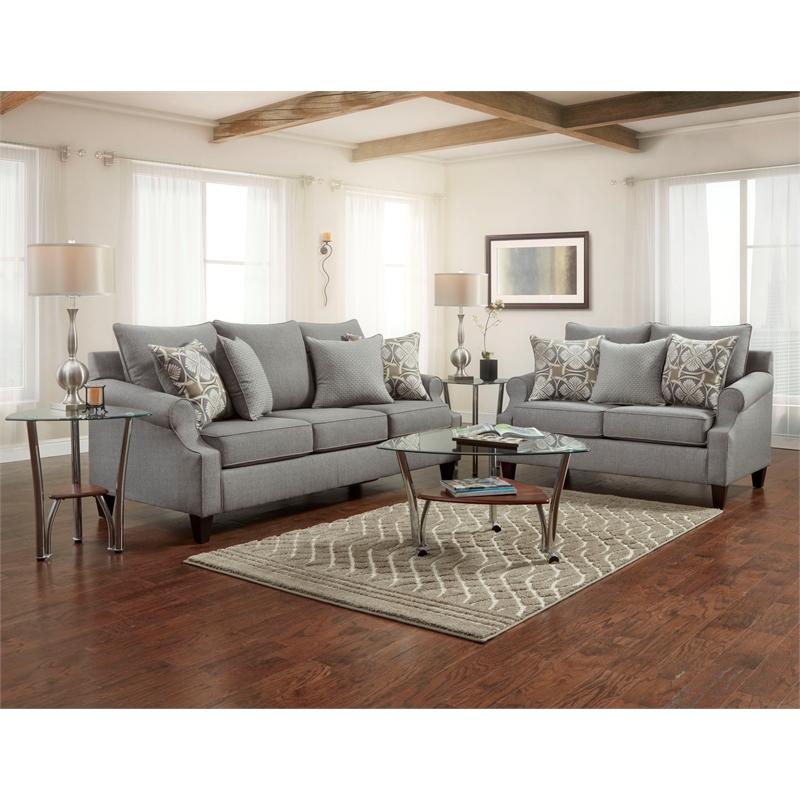 Pemberly Row Loveseat with Accent Pillows in Gray