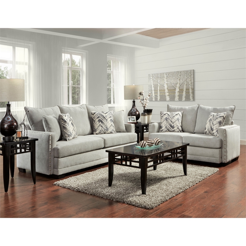 Pemberly Row Transitional Fabric Sofa with NailHeads and Accent Pillows in Gray