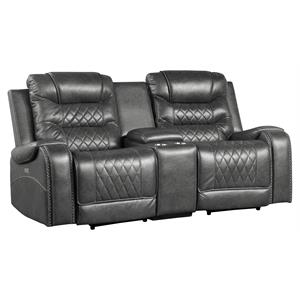 Pemberly Row Power Double Reclining Loveseat with Center Console in Gray