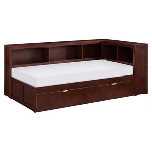 Pemberly Row 5-Shelf Wood Twin Bookcase Corner Bed with Trundle in Dark Cherry