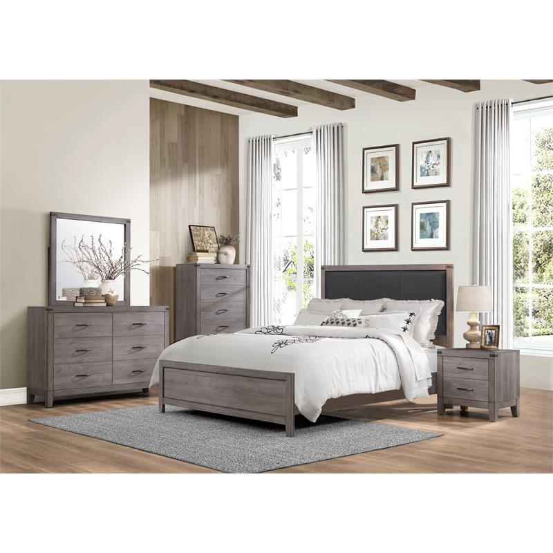 Pemberly Row Contemporary Upholstery Headboard Wood Full Bed in Gray/Black