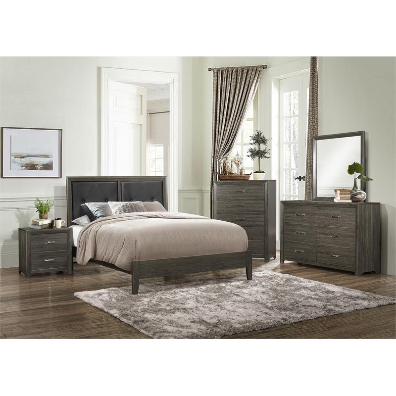 Pemberly Row Contemporary Wood and Faux Leather Full Bed in Dark Gray/Black