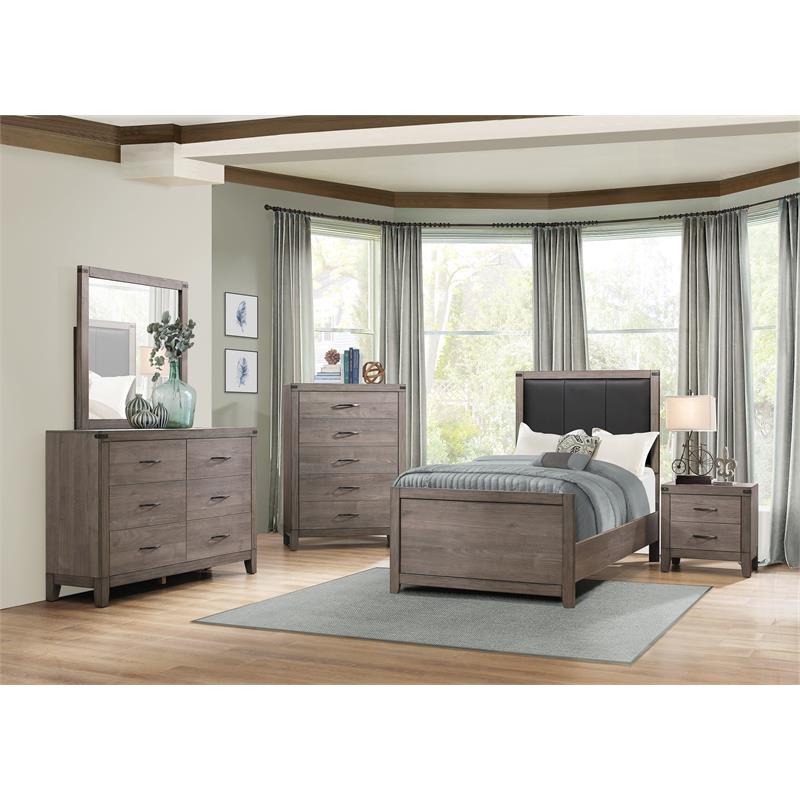 Pemberly Row Contemporary Upholstery Headboard Wood Twin Bed in Gray/Black