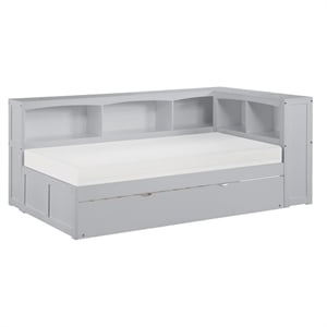 Pemberly Row 5-Shelf Wood Twin Bookcase Corner Bed with Twin Trundle in Gray
