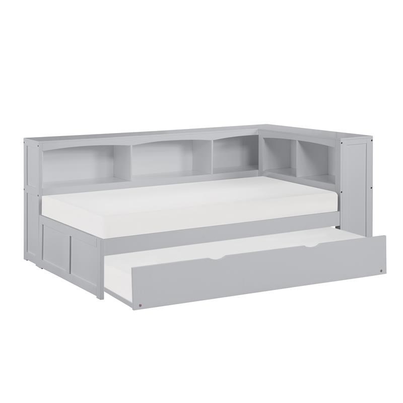 Pemberly Row 5-Shelf Wood Twin Bookcase Corner Bed with Twin Trundle in Gray