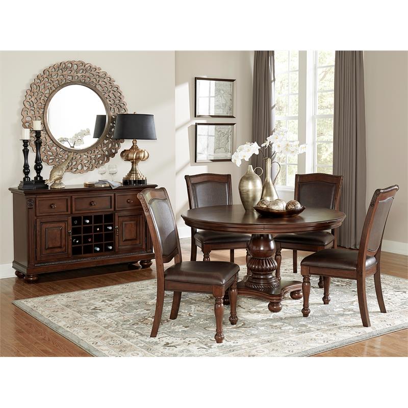 Pemberley Row Wood Brown Cherry Dining Set Round Faux Leather Upholstery 54