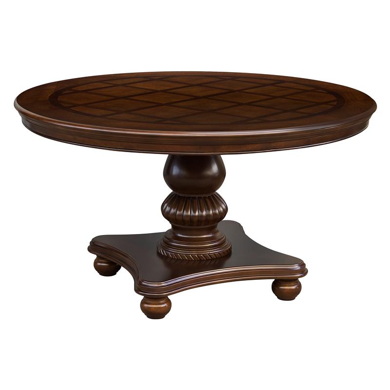 Pemberley Row Wood Brown Cherry Dining Set Round Faux Leather Upholstery 54