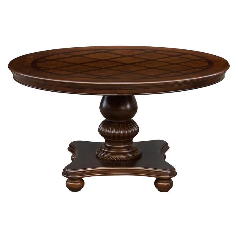 Pemberley Row Wood Brown Cherry Dining Set Round Faux Leather Upholstery 54