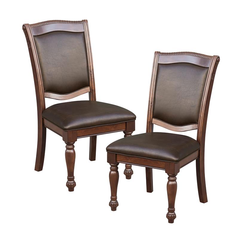 Pemberley Row Wood Brown Cherry Dining Set Round Faux Leather Upholstery 54