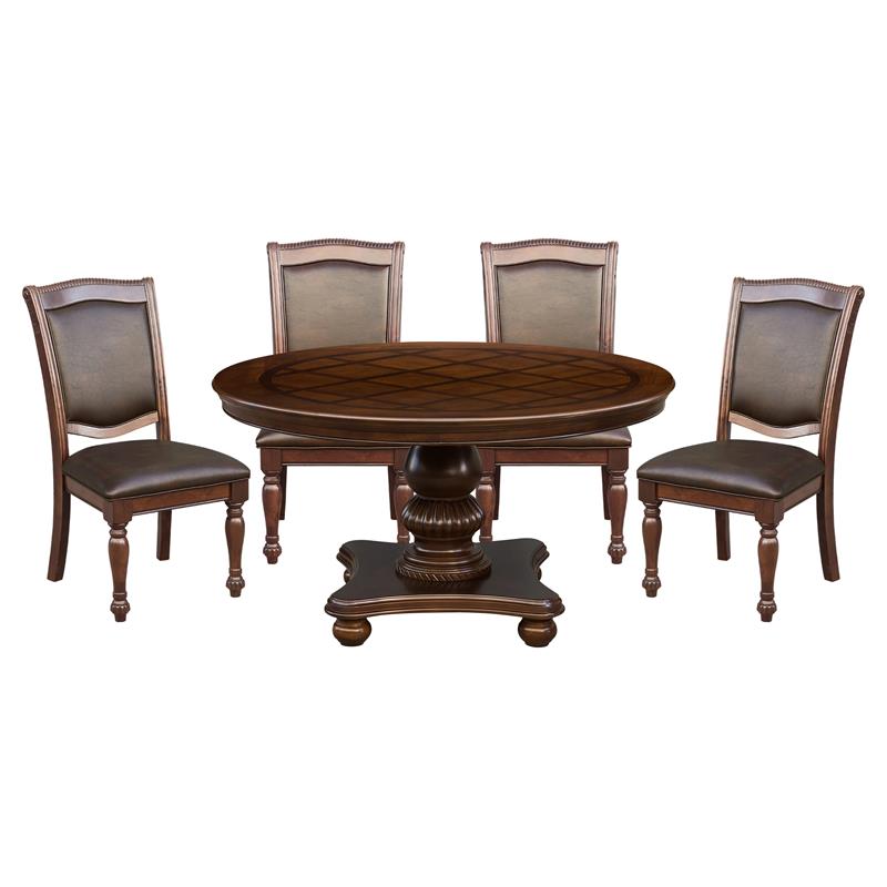 Pemberley Row Wood Brown Cherry Dining Set Round Faux Leather Upholstery 54
