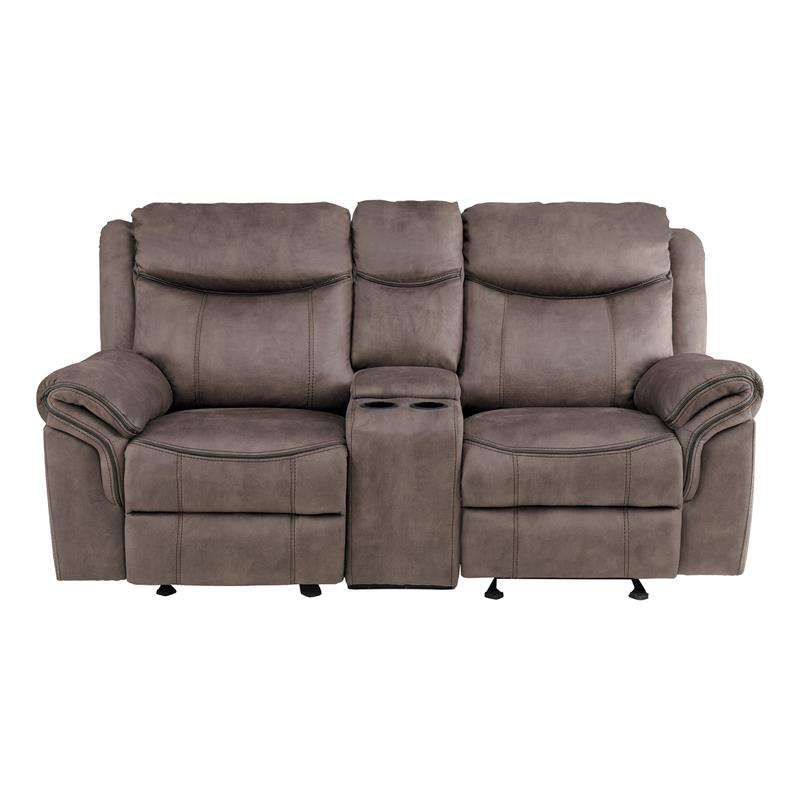 Pemberly Row Transitional Microfiber Double Glider Reclining Love Seat in Brown