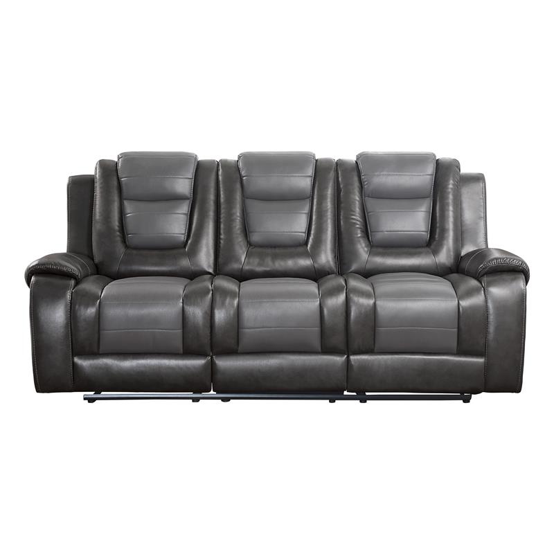 Pemberly Row Faux Leather Double Reclining Sofa with Cup Holder in Gray