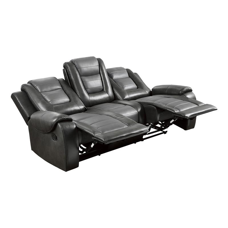 Pemberly Row Faux Leather Double Reclining Sofa with Cup Holder in Gray