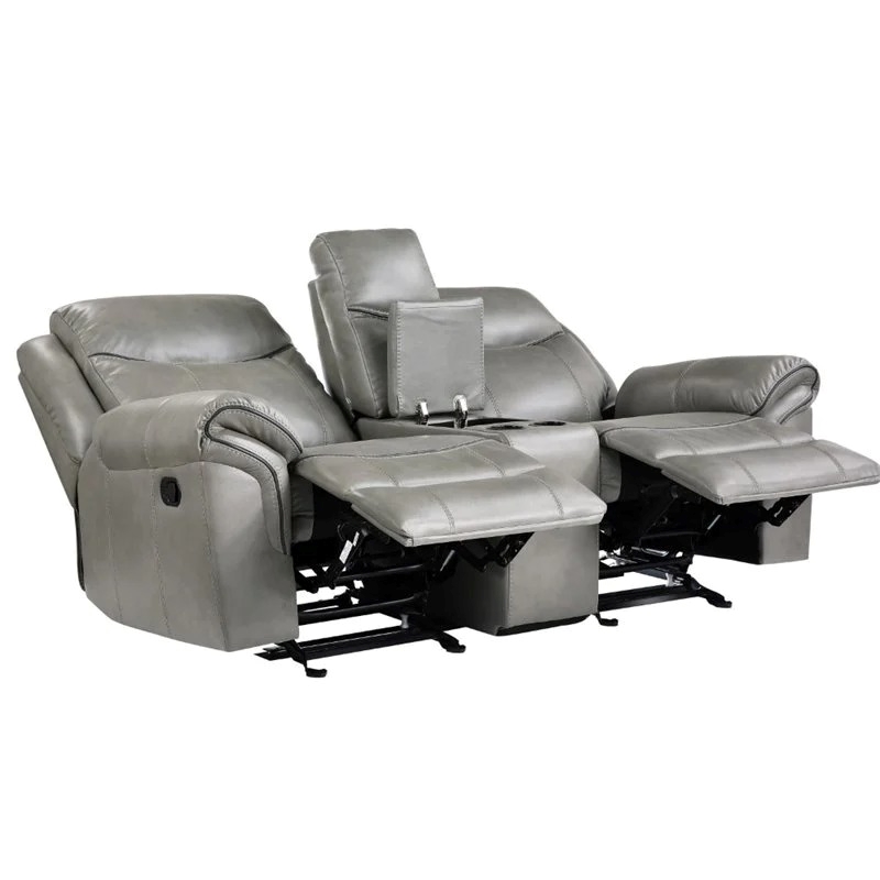 Pemberly Row Traditional Faux Leather Double Glider Reclining Loveseat in Gray