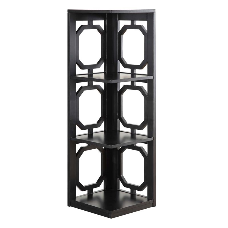 Pemberly Row Three-Shelf Corner Bookcase in Black Wood Finish