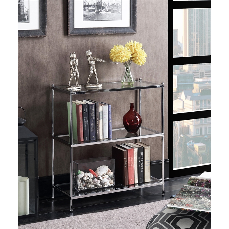 Pemberly Row Three-Tier Bookcase in Clear Glass and Chrome