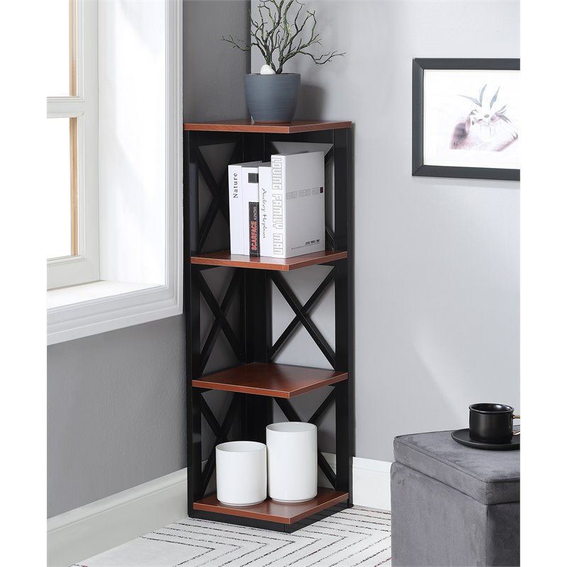 Pemberly Row Three-Tier Corner Bookcase in Cherry and Black Wood