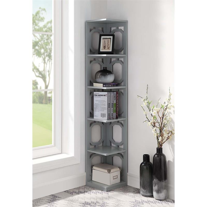 Pemberly Row Five-Tier Modern MDF Wood Corner Bookcase in Gray