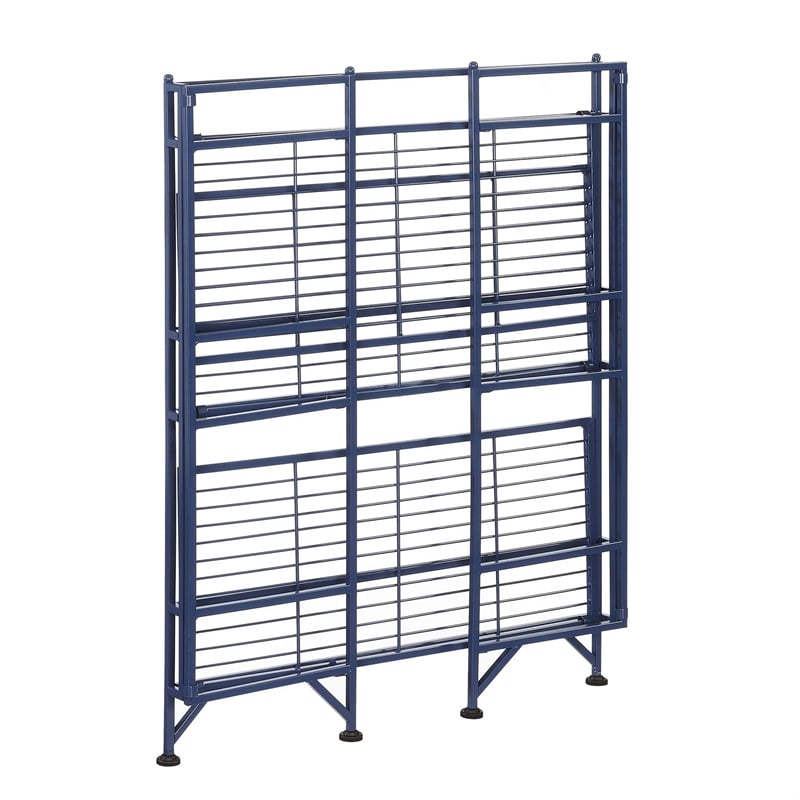 Pemberly Row Three-Tier Wide Folding Shelf in Blue Metal