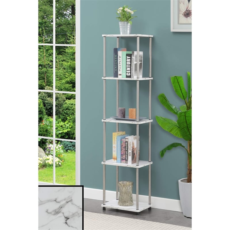 Pemberly Row Five-Tier Tower in White Faux Marble Wood Finish