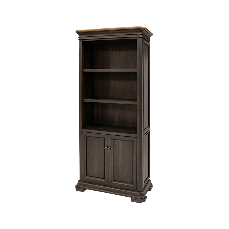 Pemberly Row Executive Bookcase With Wood Doors Mildly Distressed in Brown