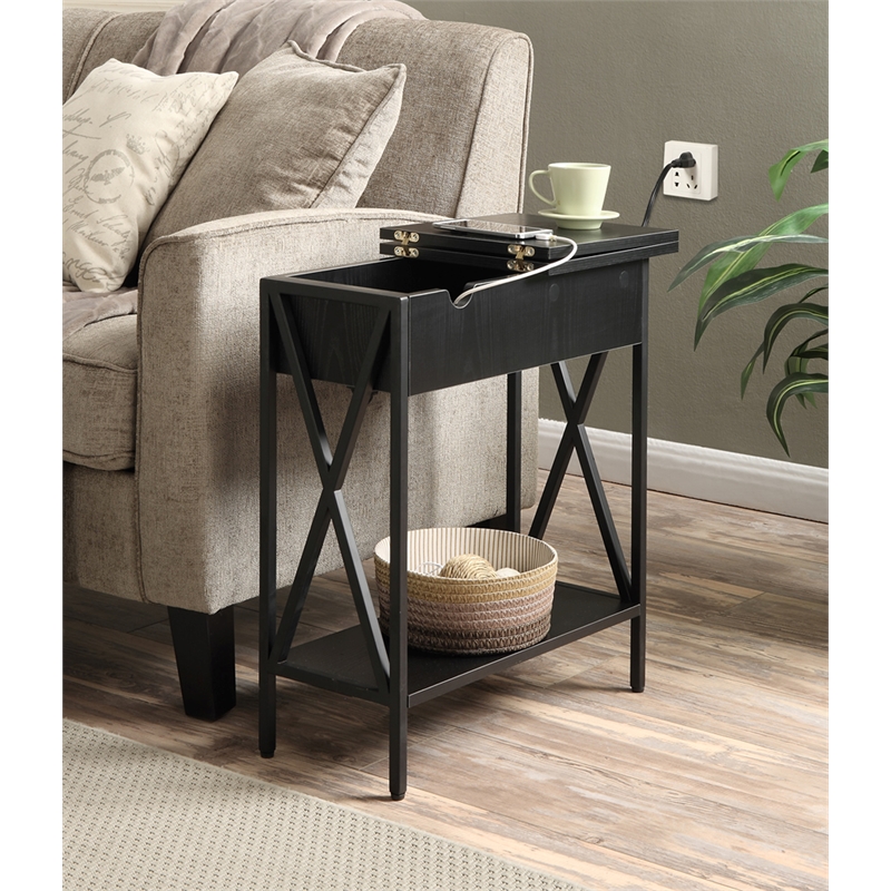 Pemberly Row Electric Flip Top Table in Black Wood Finish