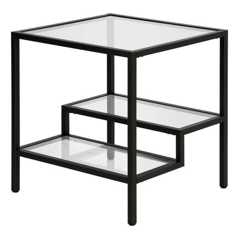 Pemberly Row Two-Tier Modern Metal Side Table with Glass Top in Black