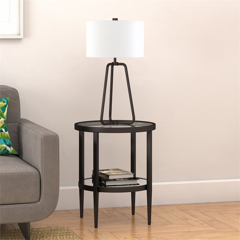 Pemberly Row End Table Coffee Accent Table Round in Glass Top and Metal - Black
