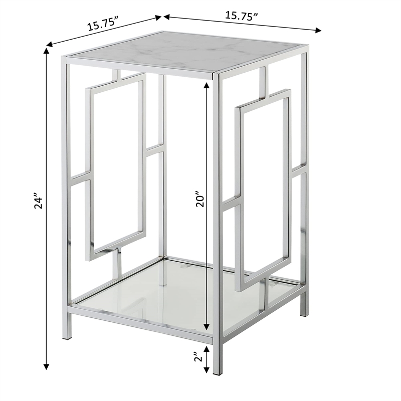 Pemberly Row Metal End Table with White Faux Marble Top & Clear Glass in Chrome