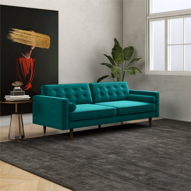 Pemberly Row Mid-Century Velvet Tufted Sofa Couch for Living Room in Turquoise